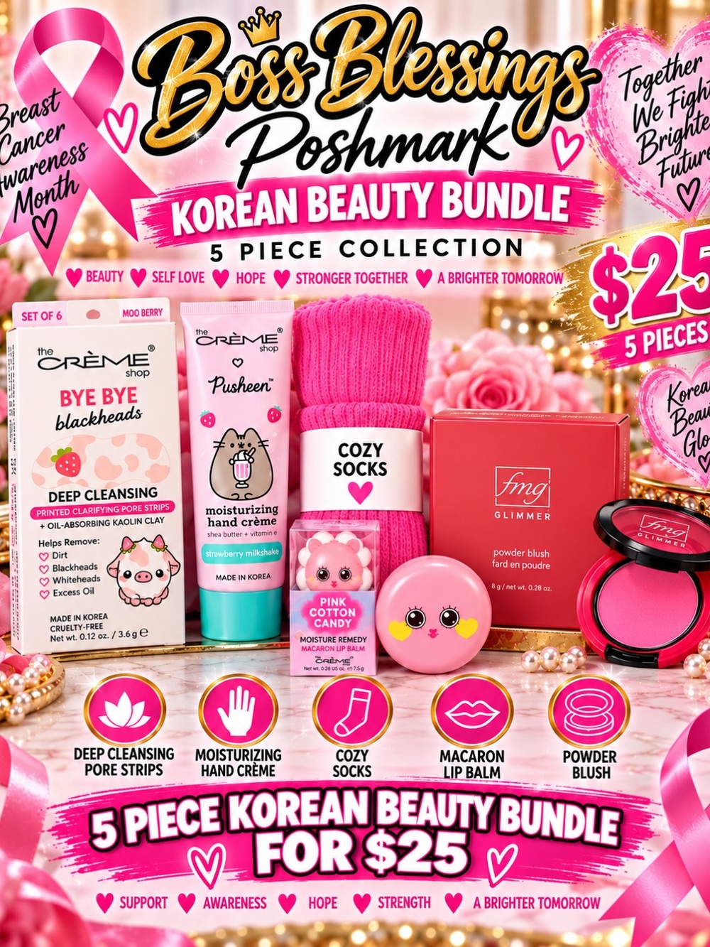 🎀 Pink Power 5-Piece Korean Beauty Bundle | Breast Cancer Awareness 💕 $25